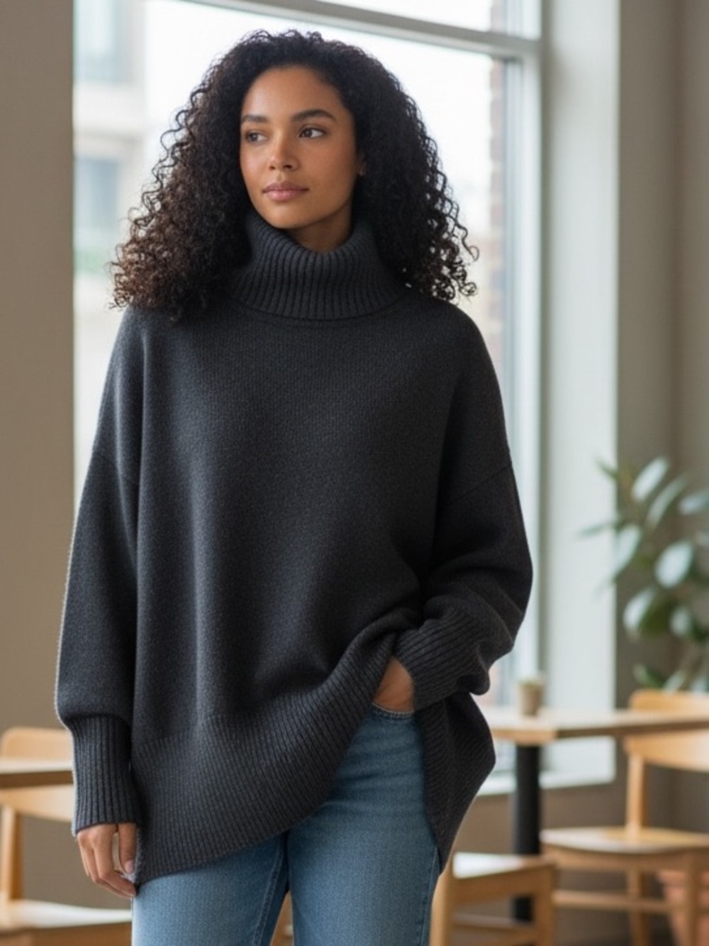 Cozy Oversized Turtleneck Sweater - Black